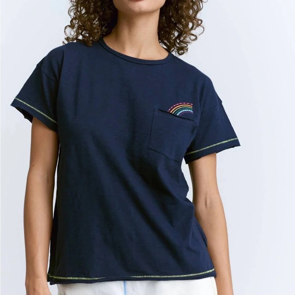 Lisa Todd Navy Short Sleeve Pocket Tee with Rainbow Embroidery